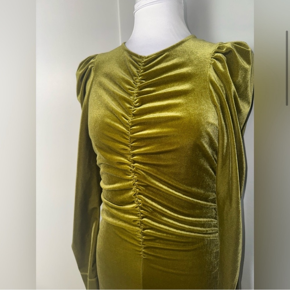 Ganni Velvet Gathered Long Sleeve Jersey Dress in Avocado - Picture 5 of 12